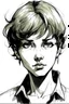 Placeholder: Portrait of a young female with short curly hair, having a neutral expression, drawn in Yoji Shinkawa style, black and white with a gray background.