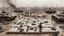 Placeholder: Israeli soldiers and tanks stand on a very large chessboard in the middle of a destroyed city