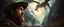 Placeholder: master oil painting by Rembrandt, close up portrait of farmer in Valdres below raging dragon, light beams through volume fog sky in mountain pass, dragon cast spells of lightening, motion blurred background, depth of field