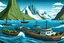 Placeholder: marine ecosystem Iceland mountains haddock and Atlantic cod cartoon style fishing ships
