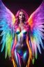 Placeholder: Gorgeous Photography Beautiful Woman as Angel with clothing latex dressing painting art neons rainbow colors glowing in the dark and colorful details