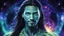 Placeholder: beautiful gorgeous young man na'vi with long hair, Avatar, blue skin, two small ears, green eyes, black hair, in cosmic suit, galactic ambiance, medium pointy goatee , smiling, nebulas and sacred geometry light figures on the backgroud,