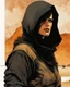 Placeholder: create a fine art print full body illustration of a rugged gritty, roughly textured, hooded, black clad and dusty Fremen female mercenary with highly detailed feminine facial features, amidst the billowing desert storms of Arrakis, in the comic book art style of Bill Sienkiewicz, and Jean Giraud Moebius, finely textured, drawn, colored, and inked,