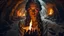 Placeholder: a sad woman with brown braided hair in profile in a scary cave, holding a flame in her palm in a white vintage long-sleeved nightgown, the inside of the cave is illuminated by the flame with yellow light,, close shot, detailed, high realistic, perfect photo, dramatic, dark fantasy