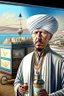 Placeholder: Create a panoramic 3D panel style digital drawing Painting Rajab Tayyip Erdogan he is milk seller runabout He He wears a turban and a poor costume in 1900 Ultra-wide angle Highly realistic precise details Detailed panoramic view Detailed distance Professional Quality 8K