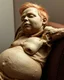 Placeholder: a chubby extremely mummified male corpse, eyes closed, strawberry blonde hair, leaned over in a brown chair