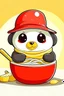 Placeholder: kawaii style, Cute baby penguin wearing a red hat and yellow scarf eating a bowl of ramen noodles with chopsticks