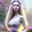 Placeholder: corps entier avec pieds de belle jeune femme féerique blonde avec cheveux longs, yeux bleus , beau visage détaillé, robe longue rose, dans un jardin magique et fleuri
