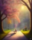 Placeholder: park mystical dream, park bench, man, woman, child, dog, trees, path, bird, sunshine, mystical, fantasy, romanticism, pastel colors, daylight, daytime, acrylic painting, detailed, soft focus,