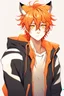 Placeholder: A young adult male human, cat ears, orange messy hair anime realistic tiger stripes