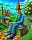 Placeholder: Created with Bing / Dall-E 3 option, using variations of the prompt below. ♨️ Prompt: (((Magritte, Klimt, Miró effect))). Monolithic man, Blue/yellow checkered suit, black hat, red hair, sitting on a grassy mound. Steam locomotive approaching a red brick tunnel under the mound. Surreal helix trees with green/orange foliage. Metallic blue crooked dwellings with cracked glaze and smoking stacks. A dark blue sky with flying birds and snow-capped mountains. Ultra Detailed, 3D, 16K. Modern Surrealism