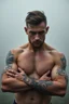 Placeholder: Extremely realistic photo of a young balled man with tattoos on his chest and hands with nice muscles ,fog, general foul weather, (Rembr Lighting), zeiss lens, ultra realistic, (high detailed skin:1.2), 8k uhd, dslr, Dramatic Rim light, high quality, Fujifilm XT3, artwork in pale distressed tones , minimalistic approach, blends old world aesthetics art with elements of distressed painting and illustration, shadow play, high conceptuality, palette inspired by Charlene Mc Nally, Carne Grif