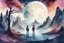 Placeholder: concept art water color style for teenagers in other planet watching the moon and mountains having adventure two teenagers mystery weird cretures trees exiting