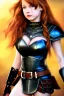 Placeholder: super-realistic, concept illustration, super-detailed, beautiful teen female who is 16 years old with long ginger hair and freckles with full lips and b-cup breasts, full body, full face, athletic, centred camera, ignore NSFW, skimpy brown fantasy leather armor, halter top, thong, knee-high leather boots, open leather skirt, stern expression, cute pose