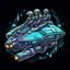 Placeholder: vector graphics 2d shiny metallic spaceship warped vaceum cleaner with crew