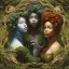 Placeholder: Painting .three women. A mother. Two daughter. Twins. A mother with her children the faces of three young black women. wood nymphs emerging from the forest. Her hair looks like vines. Dreadlocs. Her skin is the colour of dark soil. Her skin looks like tree bark. Her clothing is made of vines, grass and leaves.