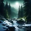 Placeholder: ray of light,fir forrest scenery, heavy mist,mist shadows,valley,creek,forest,,tree,,nature,night,snow,fir tree,night,waterfall.a translucent moon, with dust particles, looking down at a beautiful green fantasy forest