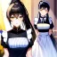 Placeholder: Clear focus, 8k, beautiful lighting, vibrant colors, girl, black hair, long hair, vibrant golden eyes, ponytail, same twins, black hair, golden eyes, same clothes, maid,