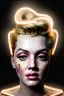 Placeholder: Ultra Realistic image, portrait, blonde woman, sweet Marylin Monroe face, perfect iris, glow eyes, gold makeup, wires attached to head. Mad max style, latex coat, fog, rain, soft color, highly detailed, unreal engine 5, ray tracing, RTX, lumen lighting, ultra detail, volumetric lighting, 3d, finely drawn, high definition, high resolution.