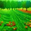 Placeholder: A green land made out of yarn with fruit painted by Claude Monet