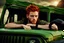 Placeholder: Young rugged looking male with red hair and green eyes sitting in a jeep close up photo realistic