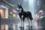 Placeholder: 1 boy, black hair, face mask, elegant, bangs, gloomy, gothic, modern Chinese city, black and white husky dog on leash, beautiful hands, big eyes, black sports stylish suit, white sneakers, in 8k anime cgi drawing style, neon effect, close picture, rain, highly detailed, high details, detailed portrait, masterpiece, ultra detailed, ultra quality, large tv, neon lights