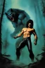 Placeholder: "Double Exposure" {{{{paul stanley full color oil painting art by Alex Ross, fog and clouds rising in the foreground}}}}. {{{{A giant werewolf roaming the woods at night, oil painting art by frank frazetta}}}}