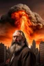 Placeholder: A volcano exploding over a New York City, inside the explosion flame a man with long beard face