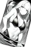 Placeholder: girl in a bikini floats in the water, orthogonal top view, greyscale