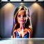 Placeholder: Foto realista. Una Cabeza de muñeca barbie decapitada sin cuerpo. Foto de estudio. Pared de fondo. Gran angular. Simetría. Ultra hd.