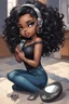 Placeholder: Create a futurism magna art of a black chibi curvy female sitting on the floor looking at herself in a hand mirror. She is wearing tight blue jeans and a black off the shoulder blouse. Prominent make up with lush lashes. Highly detailed long wavy hair. She is also wearing silver large hoop earringsart of a black chibi curvy female sitting on the floor looking at her cell phone. She is wearing tight blue jeans and a black off the shoulder blouse. Prominent make up with lush lashes.