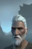 Placeholder: 3D render of a cyberpunk tribal old man, gray hair and goatee, on a dark blue jungle background, digital art