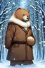 Placeholder: a bear girl with a brown coat in a snowy forest