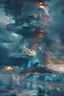 Placeholder: Stormy sea and menacing sky with a volcano erupting