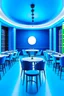 Placeholder: A restaurant with blue walls, a white floor, and an oval-shaped table in the middle of the restaurant with 30 chairs