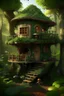 Placeholder: a tiny house, nestled in the uppermost branches of a towering tree, providing a cozy and secluded sanctuary amidst the dense foliage of a vibrant forest. The air is filled with the earthy scent of moss and leaves, and the gentle rustling of the wind creates a soothing melody. The mood is whimsical and inviting, with a touch of mystery and adventure. A mix of realism and fantasy, capturing the magic of nature's embrace. Watercolor washes and intricate line work, reminiscent of the Art Nouveau mov