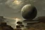 Placeholder: grey sky with planet in the horizon, epic, sci-fi movies influence, cliffs, rocky land, puddle, epic, friedrich eckenfelder and alfred stevens impressionism paintings