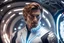 Placeholder: a very handsome man, light brown hair, dressed in a silver and white galactic suit, with diodes and lights decorating the costume in front of the very modern interior of a spaceship, galactic atmosphere, beauty, future , kindness