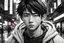 Placeholder: 2 cute Asian guy, Anime gamer boy, 20 years old, model looks, black eyes, beautiful, handsome, Wednesday Adam in 8k anime cgi drawing style, Adam family them, neon effect, close picture, rain, highly detailed, high details, detailed portrait, masterpiece, ultra detailed, ultra quality, Chinese city, black and white 1 husky dog, monochrome, side view, League of Legends