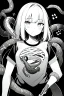 Placeholder: girl in T-shirt covered with snakes, greyscale