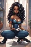 Placeholder: Create a futurism magna art of a black chibi curvy female sitting on the floor looking at herself in a hand mirror. She is wearing tight blue jeans and a black off the shoulder blouse. Prominent make up with lush lashes. Highly detailed long wavy hair. She is also wearing silver large hoop earringsart of a black chibi curvy female sitting on the floor looking at her cell phone. She is wearing tight blue jeans and a black off the shoulder blouse. Prominent make up with lush lashes.