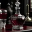 Placeholder: Create an antique-style decanter with intricate crystal patterns. The decanter should be filled with a bright red liquid, reminiscent of fine wine. Capture the elegance and luxury of a bygone era.