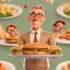 Placeholder: Disney pixar 3D style tan skin middle aged man with crew cut hair wearing thin round glasses and suit in food background smiling