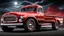 Placeholder: ford 56 truck, classical, red candy paint, shining, on street, tooned style, big engine, big wheels, racing mode, darknight background. 3/4 view, high resolution picture.