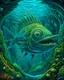 Placeholder: A greenish blue underwater abyss with angler fish designed in Navajo woven art