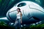 Placeholder: photorealistic slim woman with dark hair and white boots in a heroic pose in front of a fat wide spaceship in the jungle