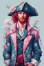 Placeholder: kind sailor, man, red slightly curly hair, long jacket, pink-azure clothes, pink-azure cocked hat in cold colors, white floral pattern on jacket, flower in hair, pirate