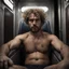 Placeholder: full figure shot photography of a ugly massive beefy sicilian farmer 36 years old man sitting in the train nighttime, relaxing, shirtless, with swimwear, manly chest, hairy allover, bulge, tattoo, broken teeth, serious, short beard, curly hairs , view from below, photorealistic, dim lights, Ground-Shot Angle