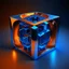 Placeholder: a blue metallic 4d cube inside a 4d orange rotating cube in a 4 dimension environment