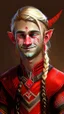 Placeholder: A young elf with blond hair in a single braid and a smirk. He is dressed in an artist's costume mixing red and black as the main color.